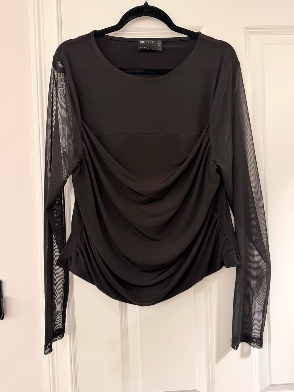 ASOS Black Draped Front Sheer-Sleeve Top